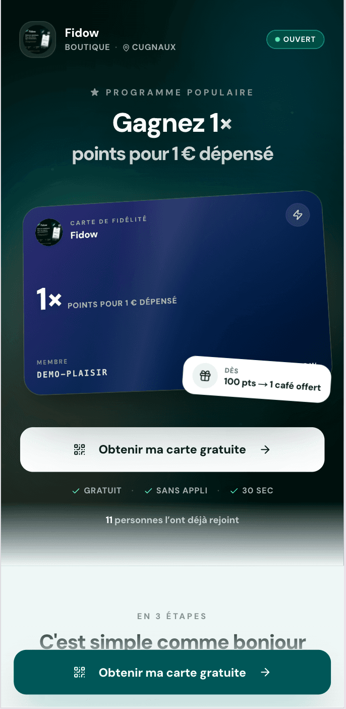 Page Fidow pour obtenir une carte de fidélité gratuite par QR code