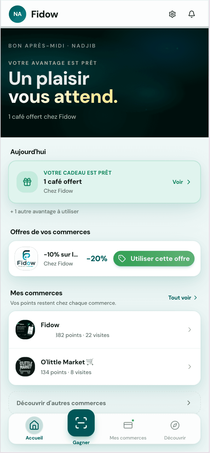 Accueil Fidow avec une récompense prête, une offre commerçant et les commerces suivis