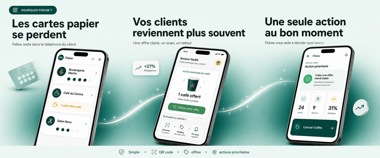 Pourquoi Fidow : les cartes papier se perdent, les clients reviennent plus souvent, une seule action au bon moment