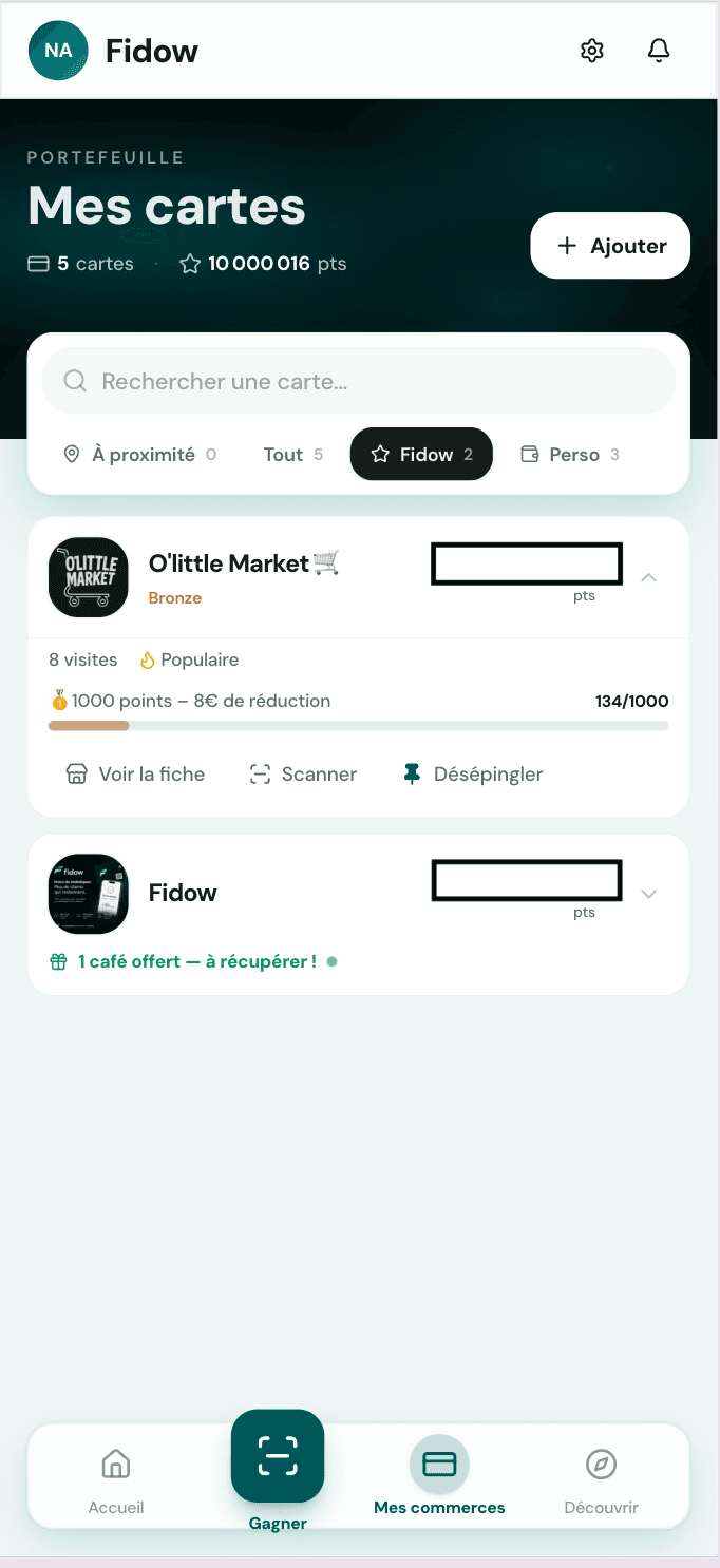 Portefeuille Fidow avec les cartes de fidélité digitales de commerces locaux